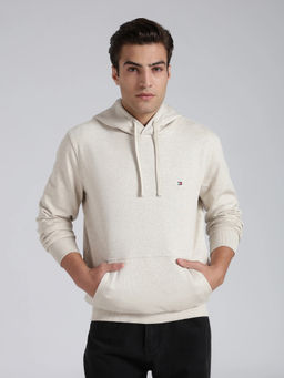 Tommy Hilfiger - Off White Solid Regular Fit Cotton Hoodie