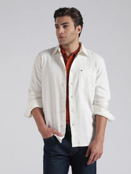 Tommy Hilfiger - Off White Solid Regular Fit Cotton Shirt