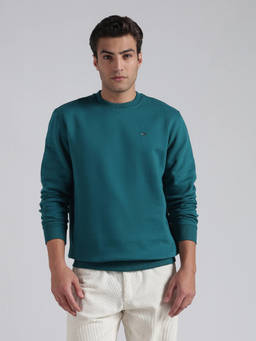 Tommy Hilfiger - Teal Solid Regular Fit Cotton Sweatshirt