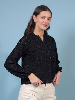 CRIMSOUNE CLUB - Womens Black Self Design Crop-Length Semi Sheer Shirt