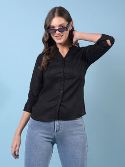 CRIMSOUNE CLUB - Womens Black Mandarin Neck Linen Shirt