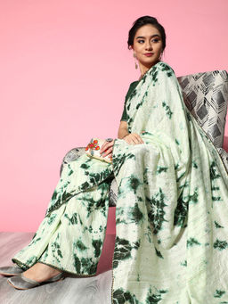 Sareemall - Womens Silk Blend Green Printed Designer Saree with Unstitched Blouse