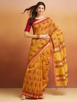 Fabindia - Mustard Cotton Silk Woven Saree without Blouse