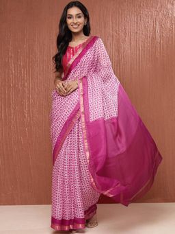 Fabindia - Pink Silk Woven Saree without Blouse