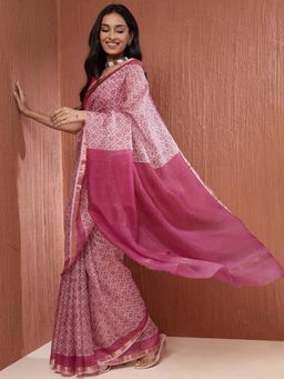 Fabindia - Pink Silk Woven Saree without Blouse
