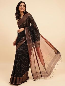 Fabindia - Black Cotton Silk Blend Woven Saree without Blouse