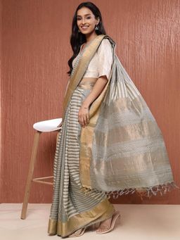 Fabindia - Grey Silk Woven Saree without Blouse