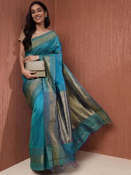 Fabindia - Turquoise Cotton Silk Blend Maheshwari Sari
