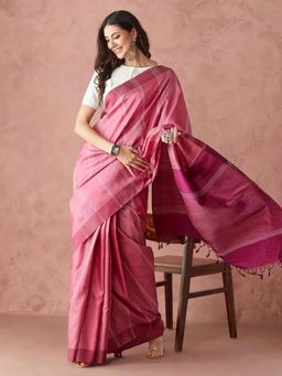 Fabindia - Pink Silk Embroidered Saree without Blouse