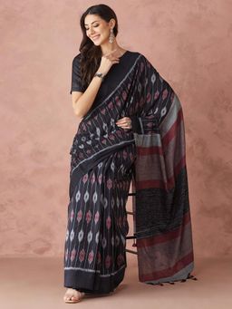 Fabindia - Black Cotton Ikat Woven Saree without Blouse
