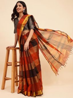 Fabindia - Red Cotton Blend Batik Woven Saree without Blouse