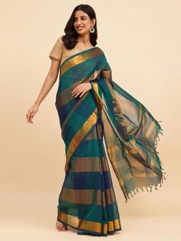 Fabindia - Teal Cotton Blend Batik Woven Saree without Blouse