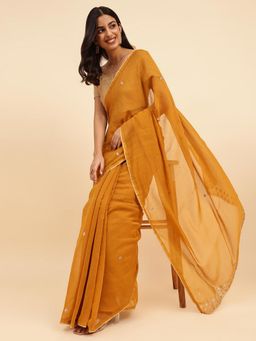 Fabindia - Mustard Cotton Silk Embellished Saree without Blouse