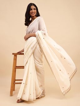 Fabindia - White Cotton Silk Embellished Saree without Blouse