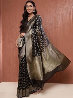 Fabindia - Black Cotton Silk Blend Woven Saree without Blouse