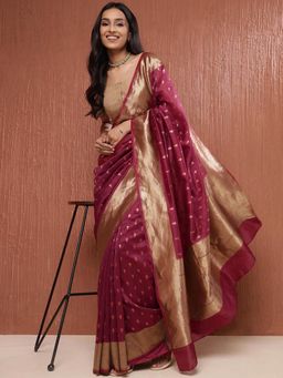 Fabindia - Maroon Cotton Silk Blend Woven Saree without Blouse