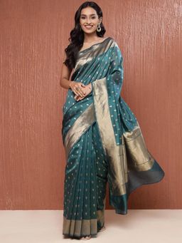 Fabindia - Teal Cotton Silk Blend Sari