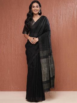 Fabindia - Black Silk Woven Saree without Blouse