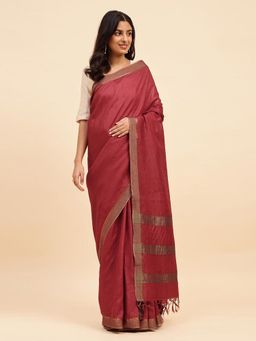 Fabindia - Maroon Silk Blend Batik Woven Saree without Blouse