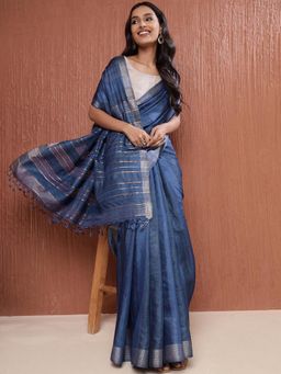 Fabindia - Navy Silk Blend Batik Woven Saree without Blouse