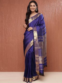 Fabindia - Blue Silk Woven Saree without Blouse