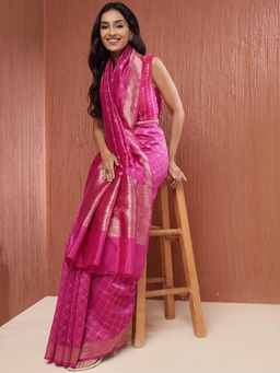 Fabindia - Pink Cotton Silk Blend Woven Saree without Blouse