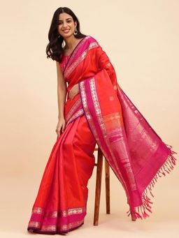 Fabindia - Orange Silk Woven Saree without Blouse