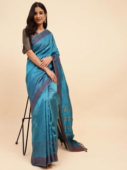 Fabindia - Teal Silk Blend Batik Woven Saree without Blouse