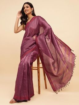 Fabindia - Wine Silk Blend Batik Woven Saree without Blouse