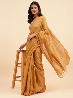 Fabindia - Mustard Cotton Blend Woven Saree without Blouse