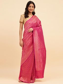 Fabindia - Pink Silk Blend Banarsi Woven Saree without Blouse