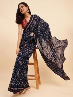 Fabindia - Blue Cotton Silk Blend Dabu Printed Saree without Blouse