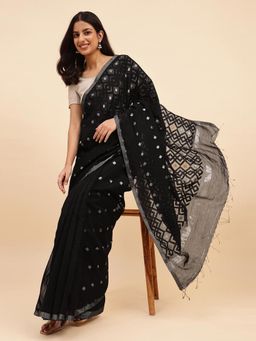 Fabindia - Black Silk Blend Woven Saree without Blouse