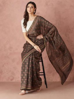 Fabindia - Brown Cotton Silk Blend Dabu Printed Saree without Blouse