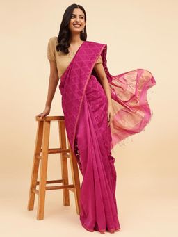 Fabindia - Pink Silk Blend Woven Saree without Blouse