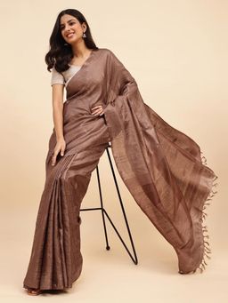 Fabindia - Brown Silk Blend Woven Saree without Blouse
