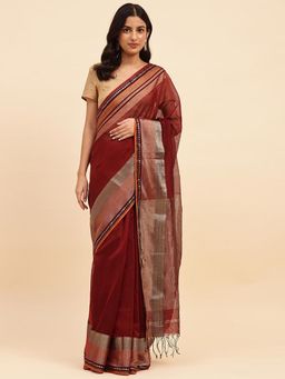 Fabindia - Maroon Cotton Silk Blend Maheshwari Sari