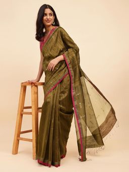 Fabindia - Green Silk Woven Saree without Blouse