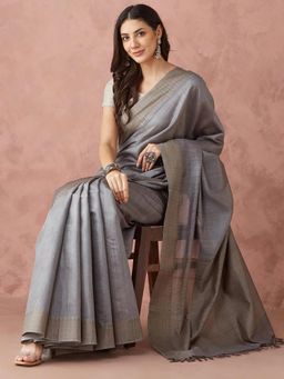 Fabindia - Grey Silk Blend Woven Saree without Blouse
