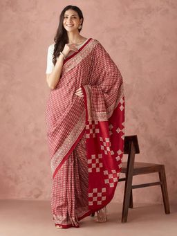 Fabindia - Beige Silk Hand Block Printed Saree without Blouse
