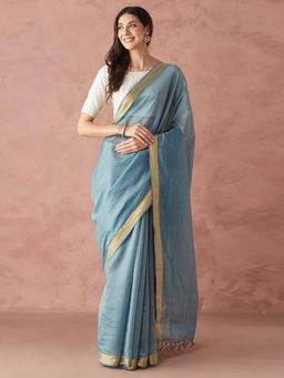 Fabindia - Blue Cotton Silk Blend Woven Saree without Blouse
