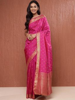 Fabindia - Pink Silk Woven Saree without Blouse