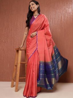Fabindia - Orange Silk Woven Saree without Blouse