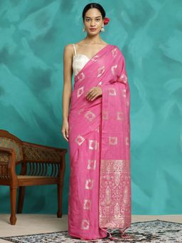 Jaipur Kurti - Pink Zari Woven Cotton Blend Banarasi Saree