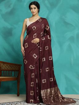 Jaipur Kurti - Wine Zari Woven Cotton Blend Banarasi Saree