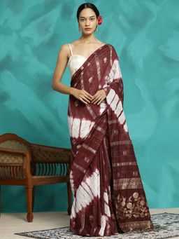 Jaipur Kurti - Wine Zari Woven Cotton Blend Banarasi Saree