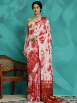 Jaipur Kurti - Red Tie-Dye Woven Cotton Blend Red Banarasi Saree
