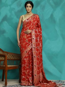 Jaipur Kurti - Floral Zari Woven Heavy Red Banarasi Saree
