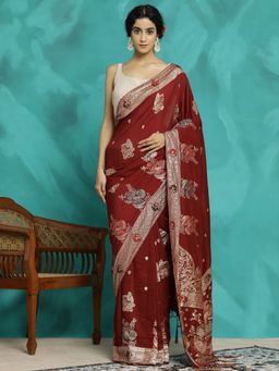 Jaipur Kurti - Maroon Zari Woven Heavy Banarasi Saree
