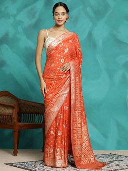 Jaipur Kurti - Orange Festive Zari Woven Heavy Banarasi Saree